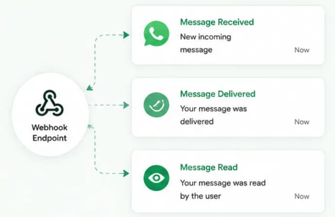 Webhook endpoint receiving message received, delivered and read events from WhatsApp