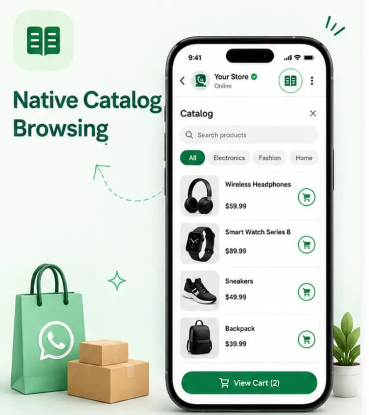 WhatsApp product catalogue showing a grid of products with prices inside a chat