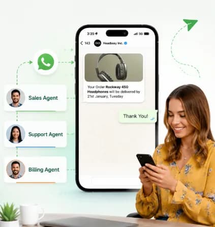 Diagram of incoming WhatsApp chats being routed to sales, support and billing agents