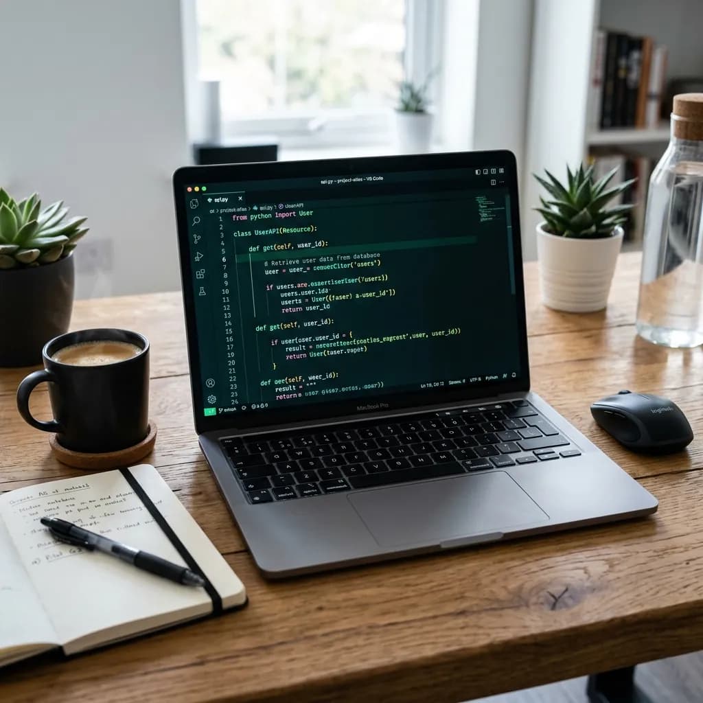 Developer's laptop showing API code in an editor on a desk