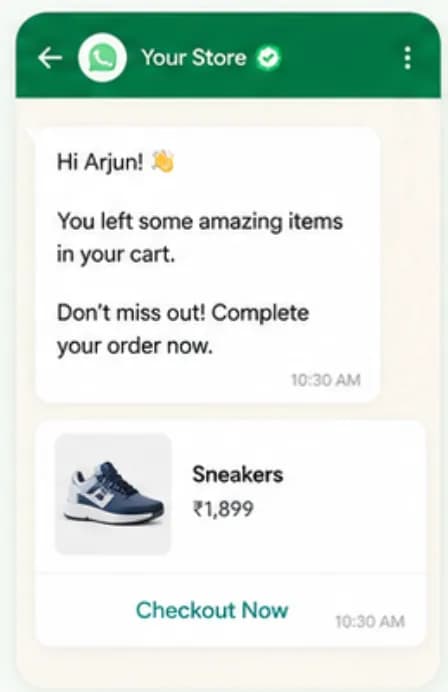 WhatsApp abandoned cart reminder with product image and checkout button sent via Chatbox AI
