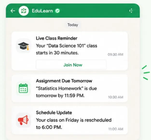 WhatsApp class reminder with session time and a join link sent to a student