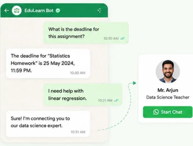 Student asking a question on WhatsApp and receiving an instant chatbot answer