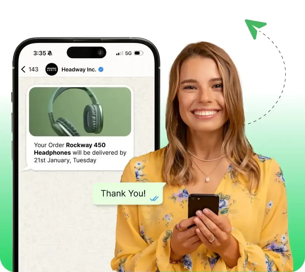WhatsApp message telling a customer her headphones order will be delivered on Tuesday, 21 January