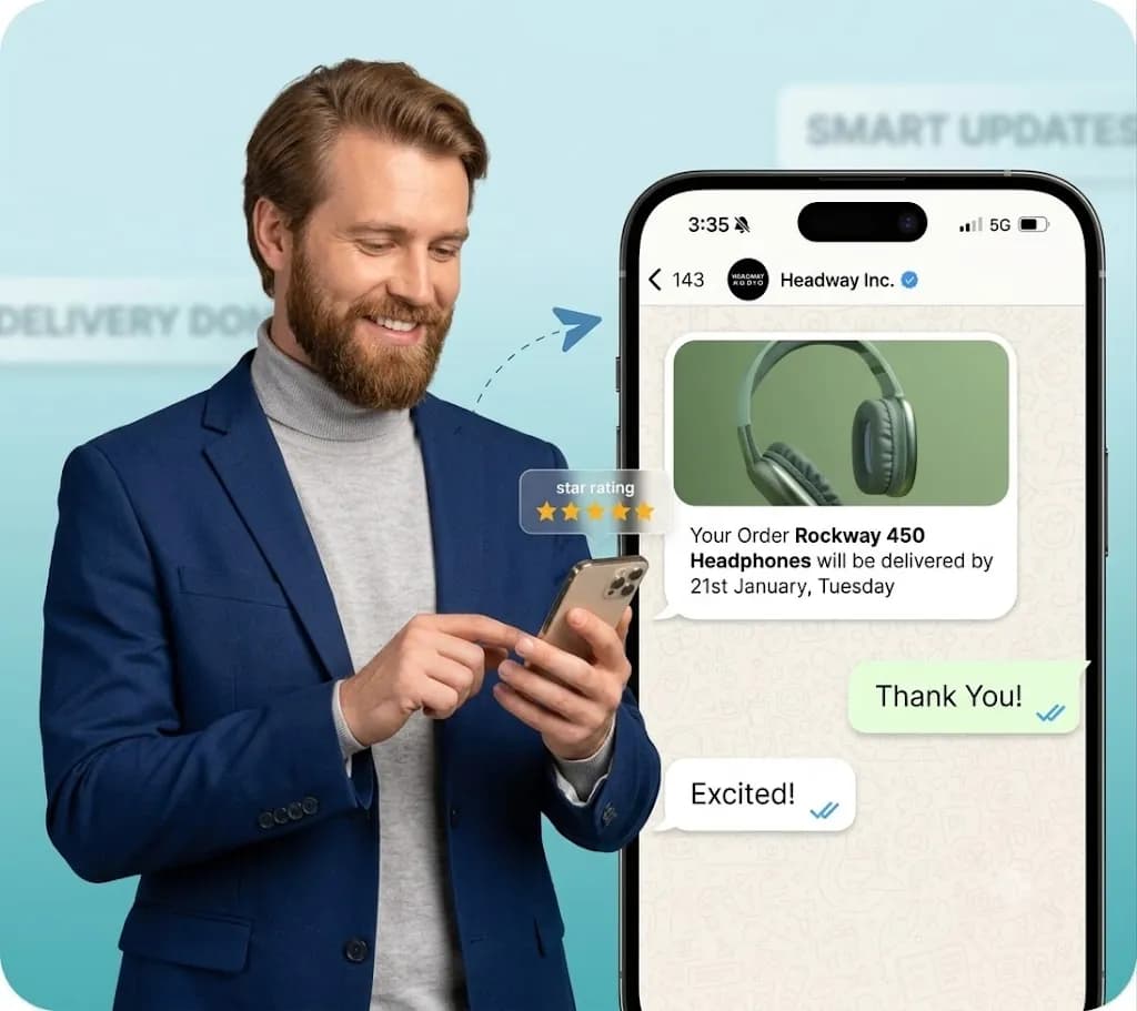 Customer receiving a WhatsApp delivery update for headphones and leaving a five-star rating