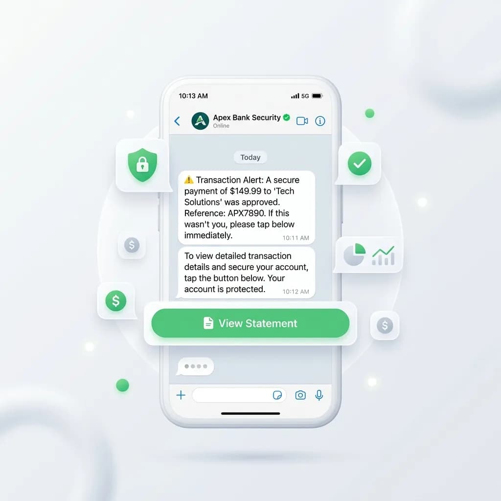 WhatsApp transaction alert from a bank confirming an approved payment with a View Statement button