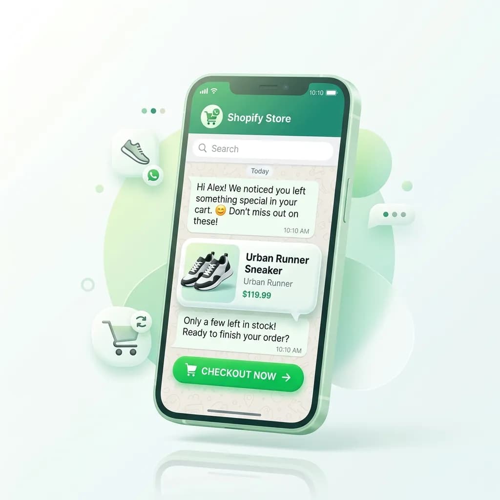 WhatsApp abandoned cart reminder with product and checkout link from a Shopify store