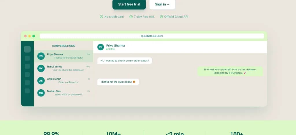 Chatbox AI dashboard with WhatsApp broadcasts, team inbox and analytics