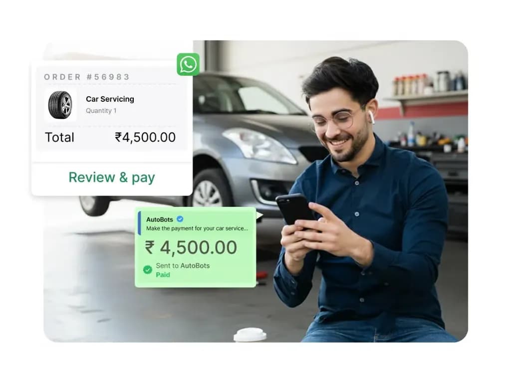 Customer at a car service centre receiving a WhatsApp template with order details and a Review and pay button, followed by a Paid confirmation