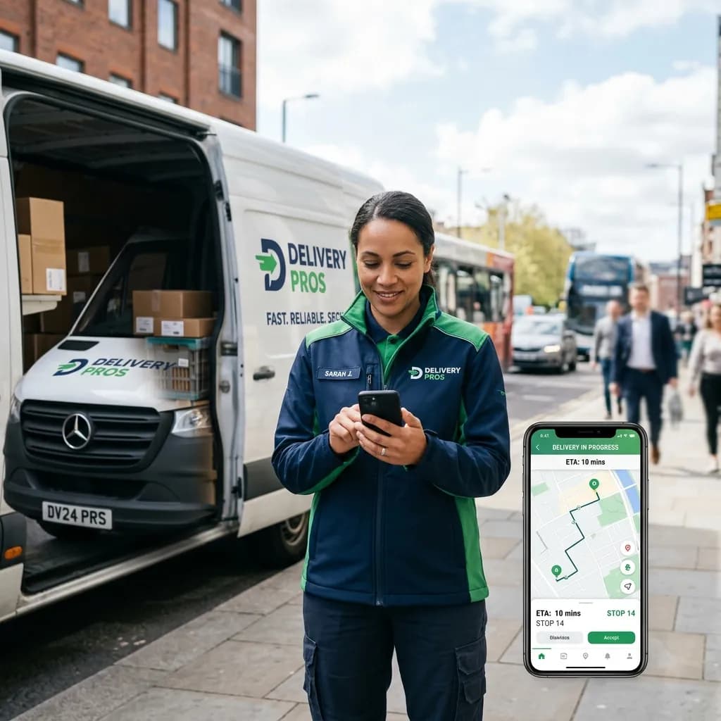 Delivery driver next to a van checking a live delivery route and ETA on her phone