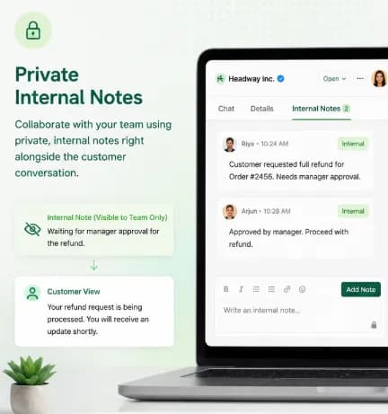 WhatsApp chat in Chatbox AI with a private internal note where an agent tags a manager about a refund