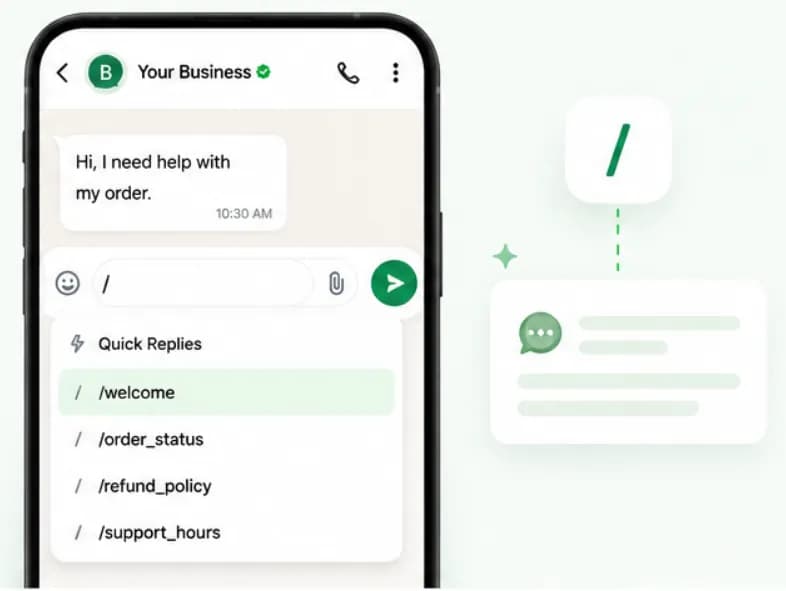 Typing a slash in the WhatsApp message box to open quick replies such as /welcome, /order_status and /refund_policy