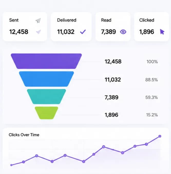 Campaign performance dashboard with sent, delivered, read and clicked metrics for WhatsApp broadcasts