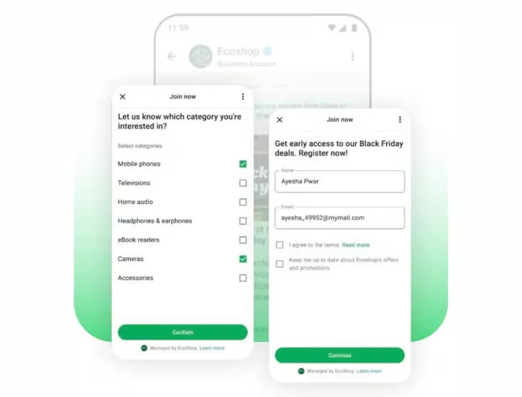 Native WhatsApp form asking the lead to select categories of interest and register with name and email