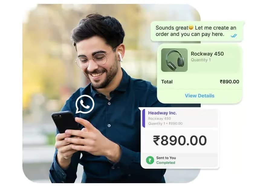 Customer paying ₹890 for headphones through an order and payment request created inside a WhatsApp chat