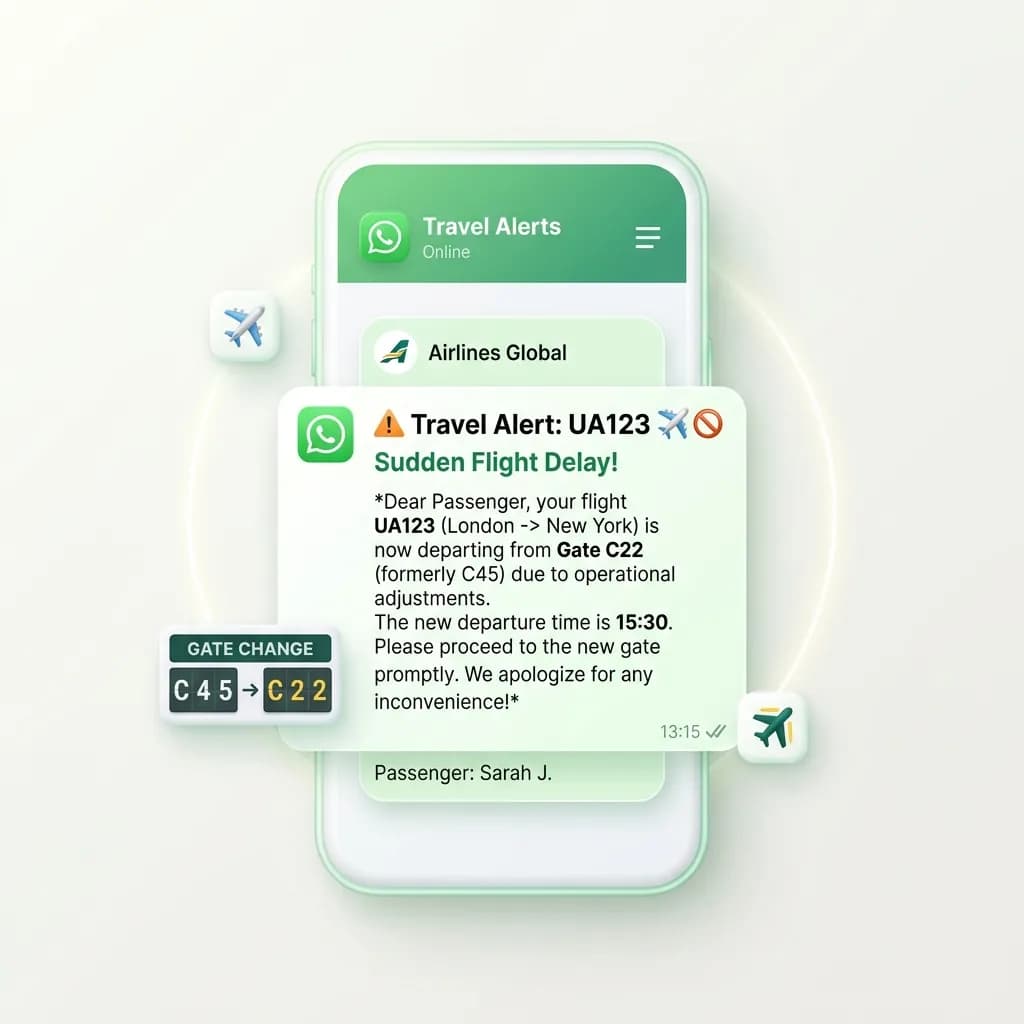 WhatsApp travel alert notifying a passenger about a flight update
