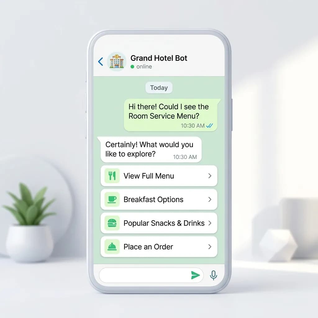Hotel concierge chatbot on WhatsApp showing the room service menu and a Place an Order option