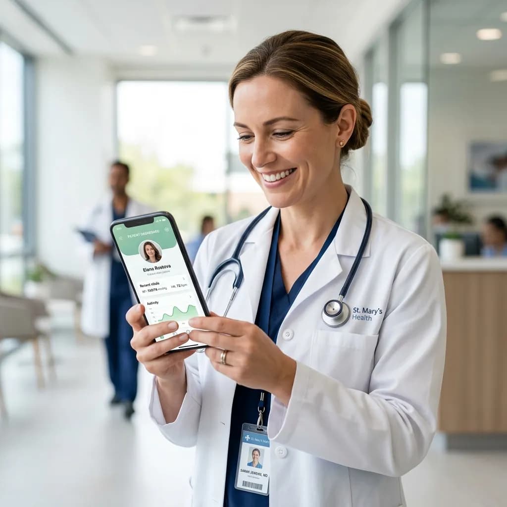 Doctor in a hospital corridor checking a patient dashboard on her phone
