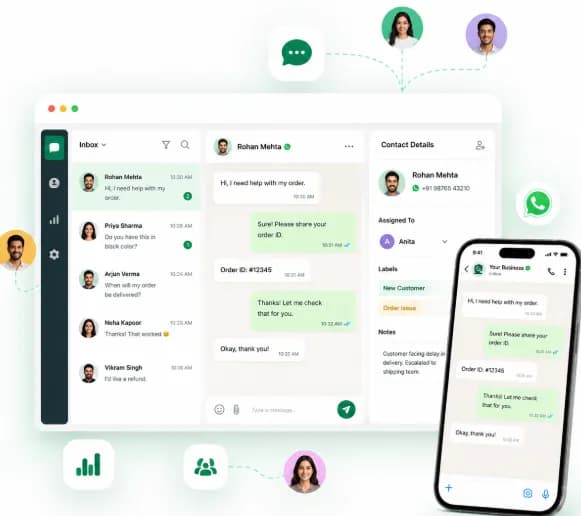 Chatbox AI dashboard with a shared WhatsApp inbox, open conversation and contact details, next to the same chat on a phone