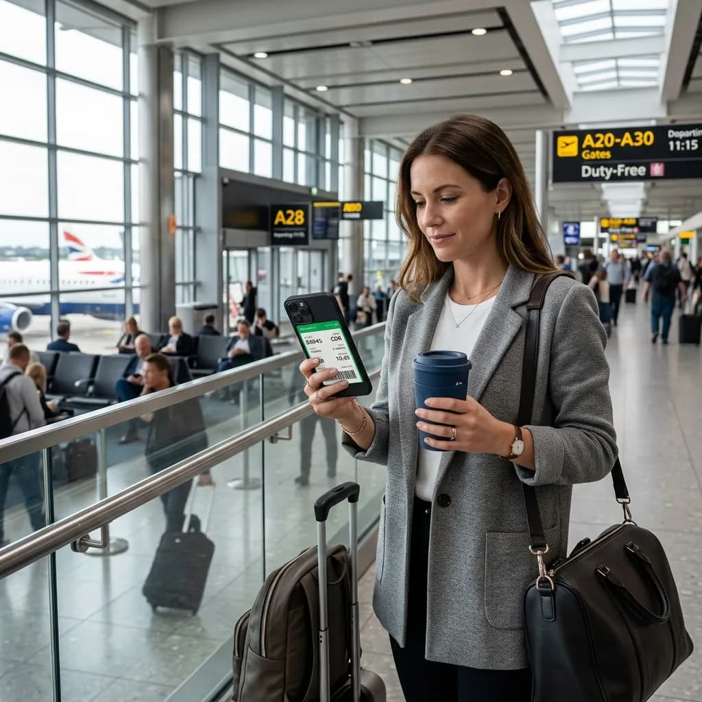 Traveller at an airport terminal viewing her boarding pass on her phone